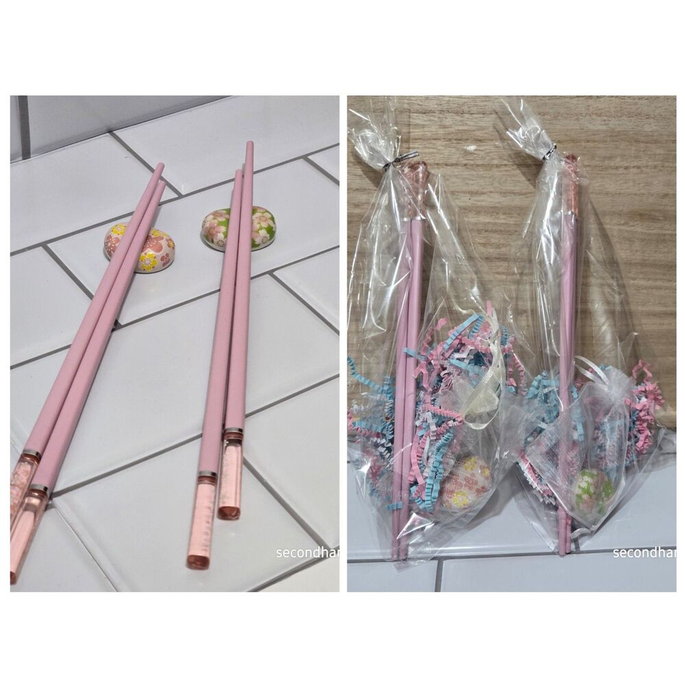 2 Sets of Pink Chopsticks And Coordinating Rests GIFT BAGGED